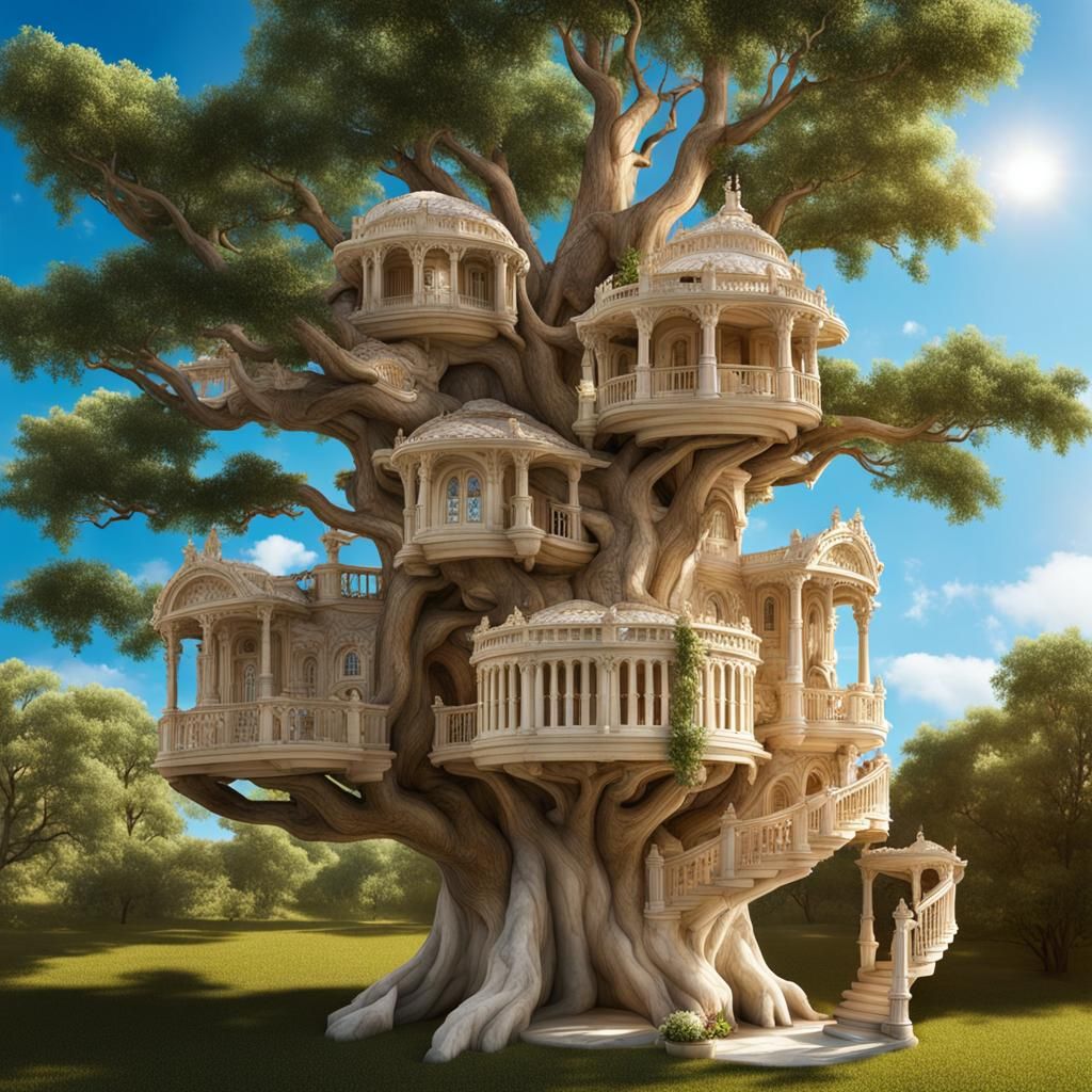 Ornate Treehouse Architecture with Greek Influences