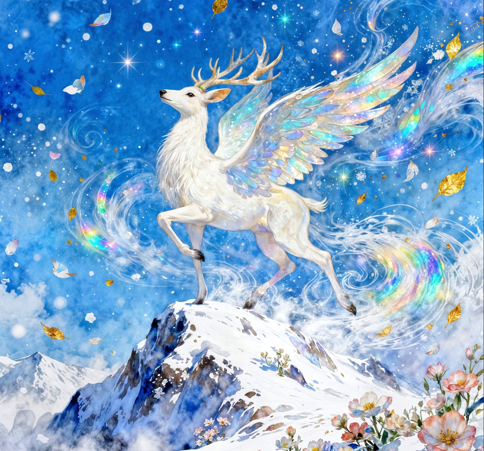 Ethereal White Stag Alights on Snowy Peak in Watercolor Styl...