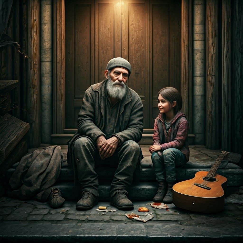 Heartwarming Scene: Beggar and Girl Sharing a Smile
