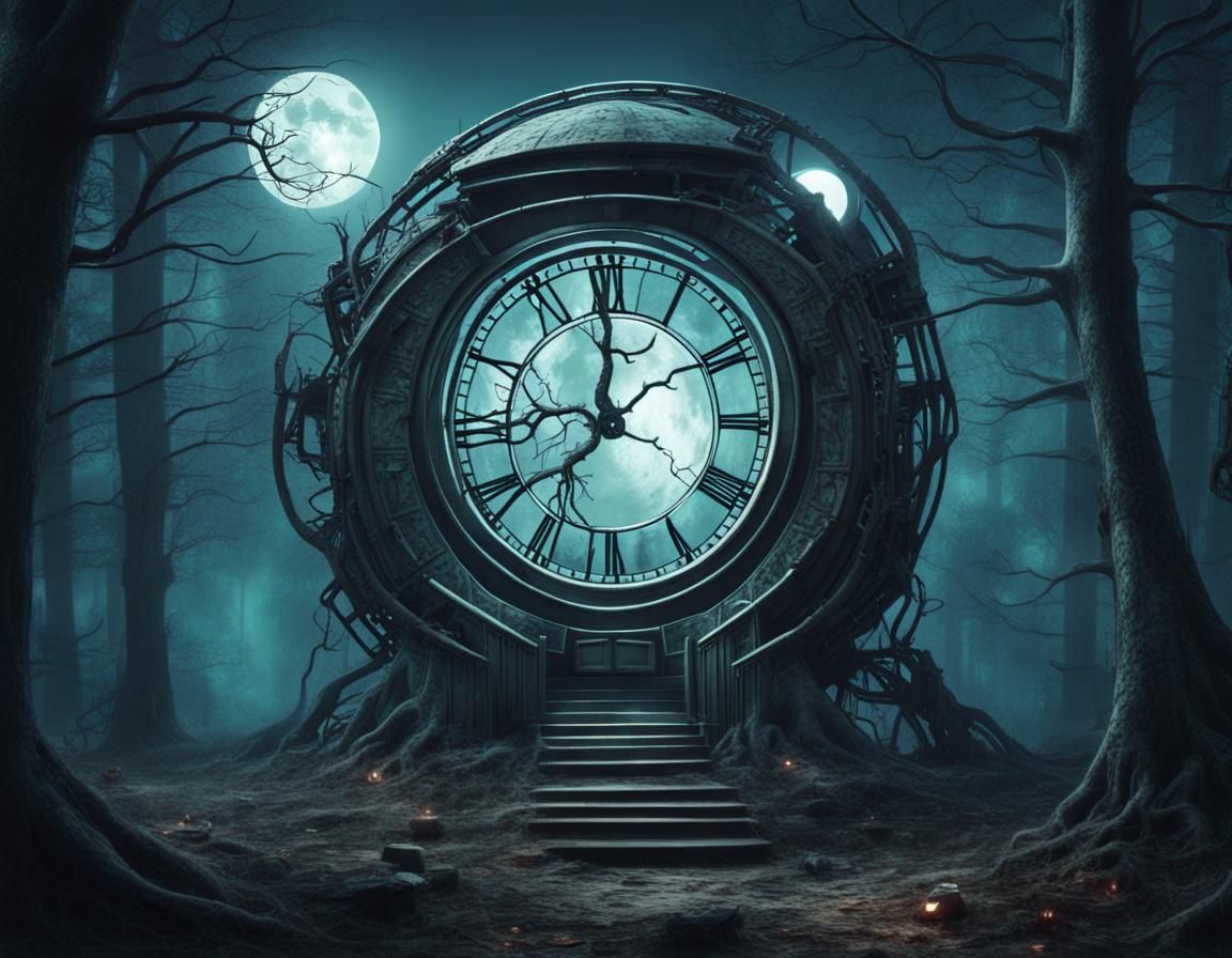 Futuristic Time Machine in Spooky Forest