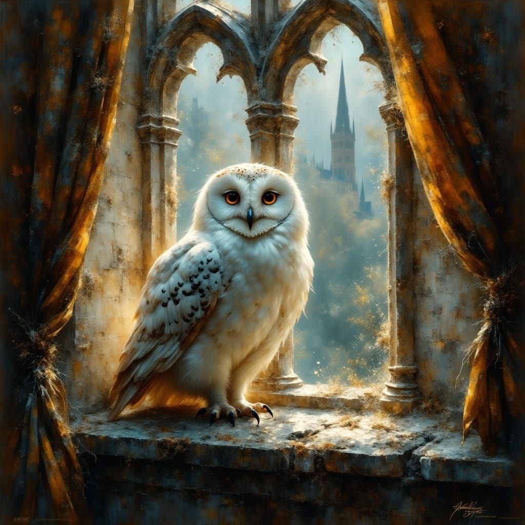 Whimsical Owl on Hogwarts Windowsill