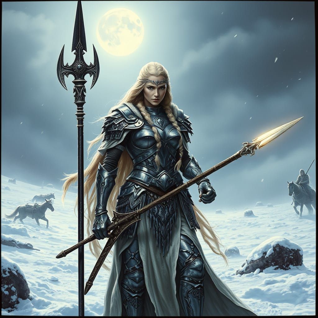 Valkyrie in Gritty Dark Fantasy Armor, Under Pale Moonlight