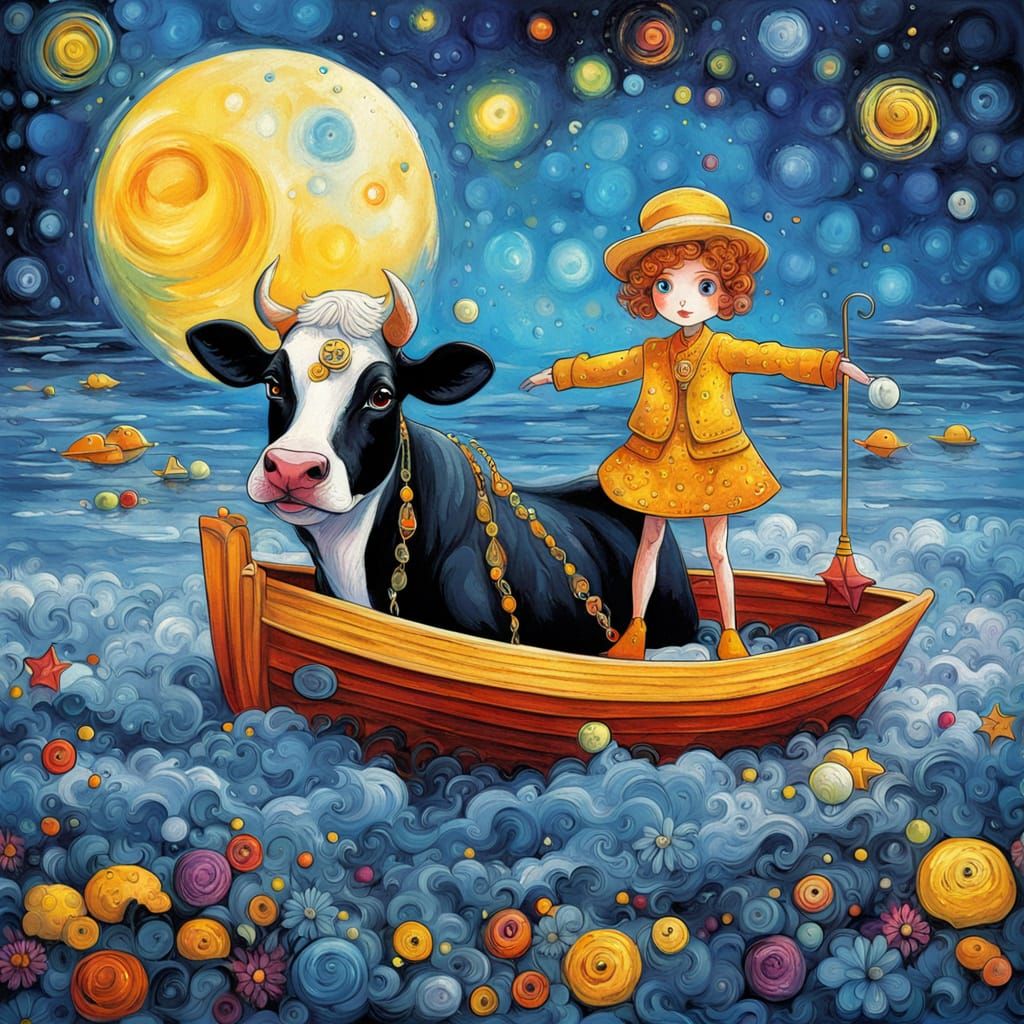 Steampunk Cow with Curlers on Moonlit Beach