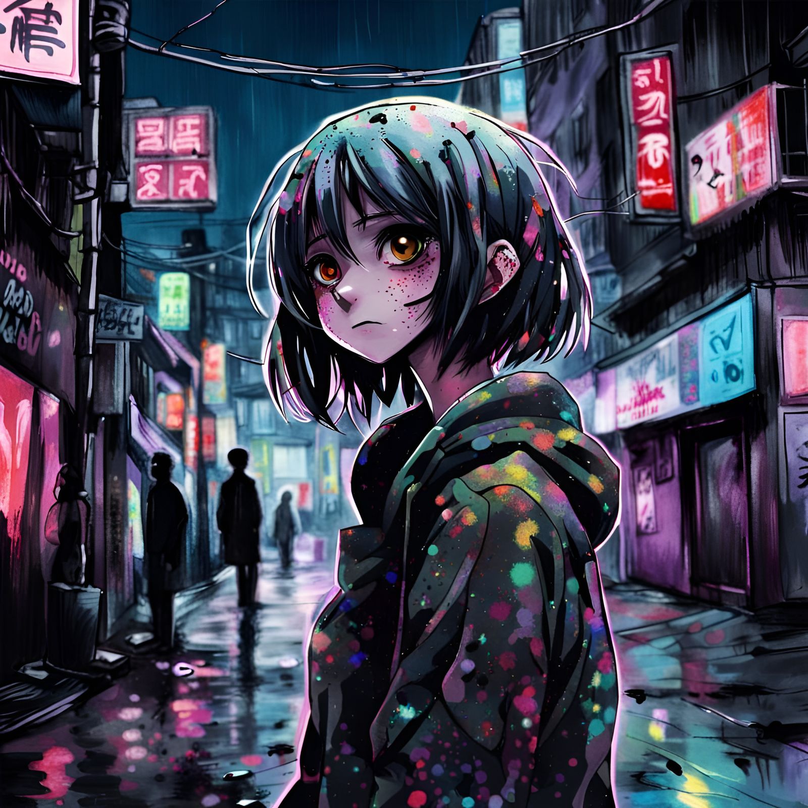 Anime Girl in Street Art with Paint Splatter Effect