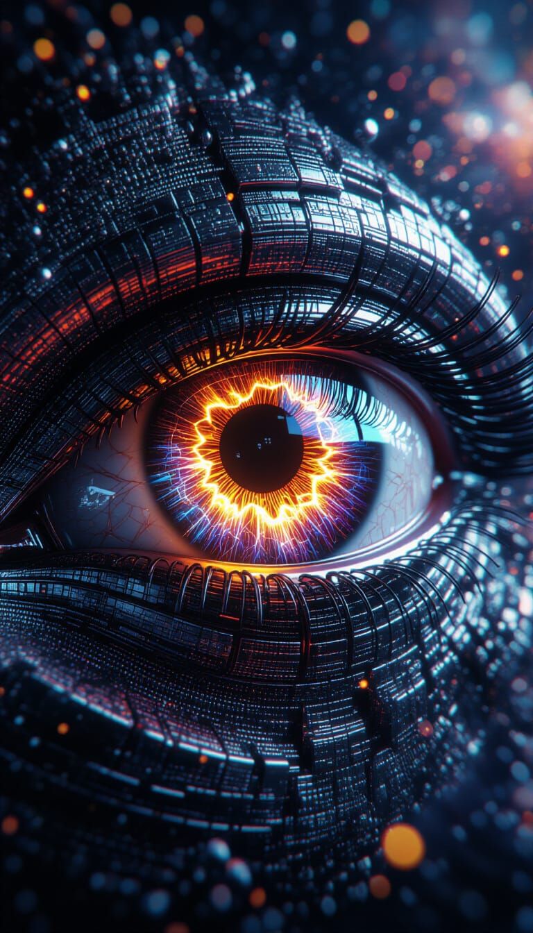 Cybernetic Eye with Neon Iris and Fractal Patterns