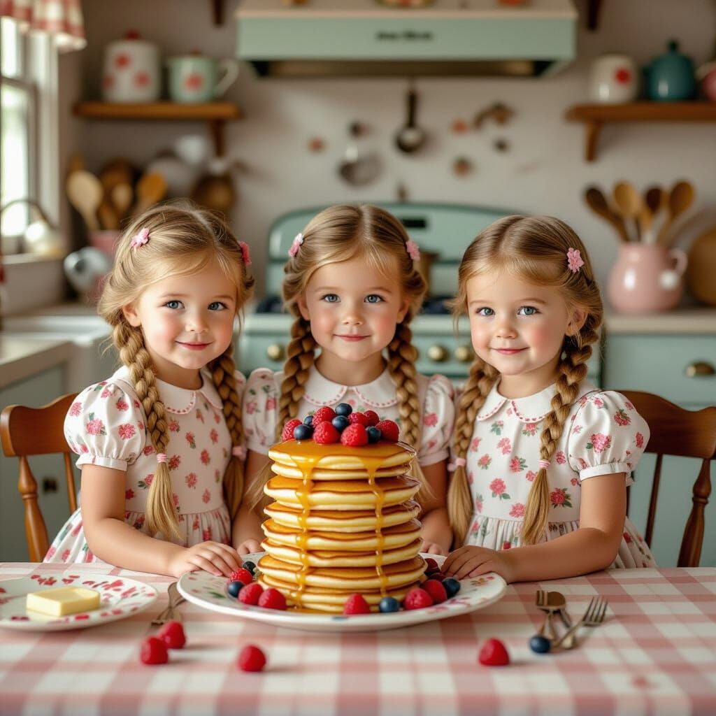 Triplets Enjoying Pancakes in Rockwell-Inspired Kitchen