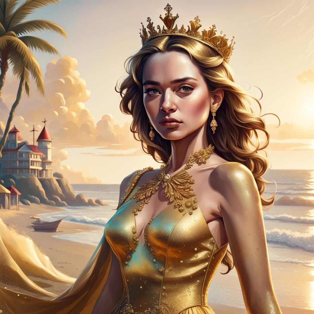 Golden Queen on a Beach: Hyperrealistic Splash Art