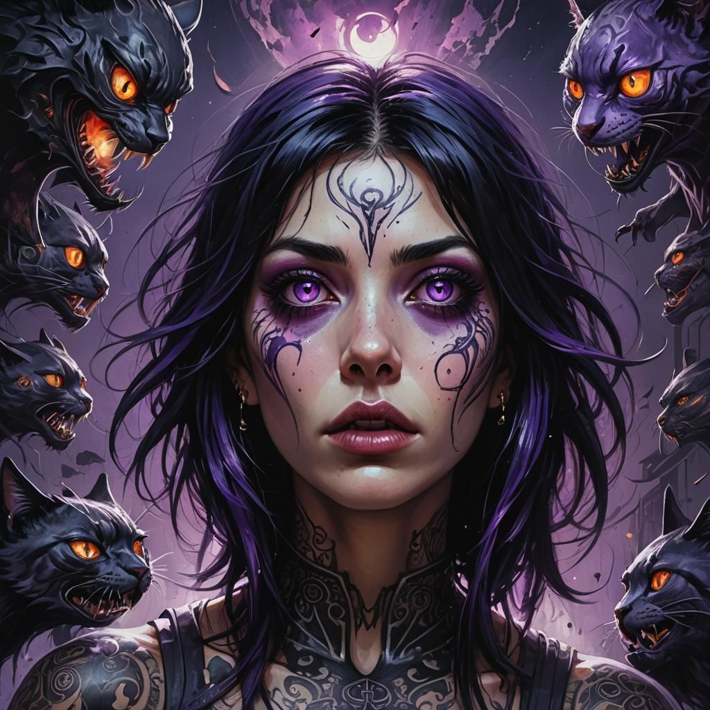 Girl with Cyberpunk Tattoos and Purple Cat Eyes