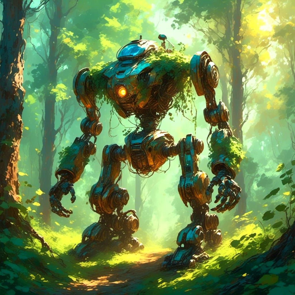 Robot Dormant in Forest Clearing as Dreamy Gouache