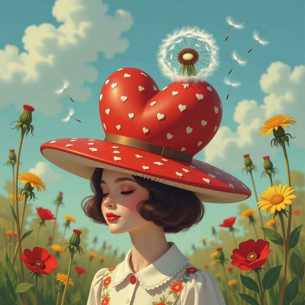 Whimsical Heart Mushroom Hat & Dandelion Bloom Oil Painting