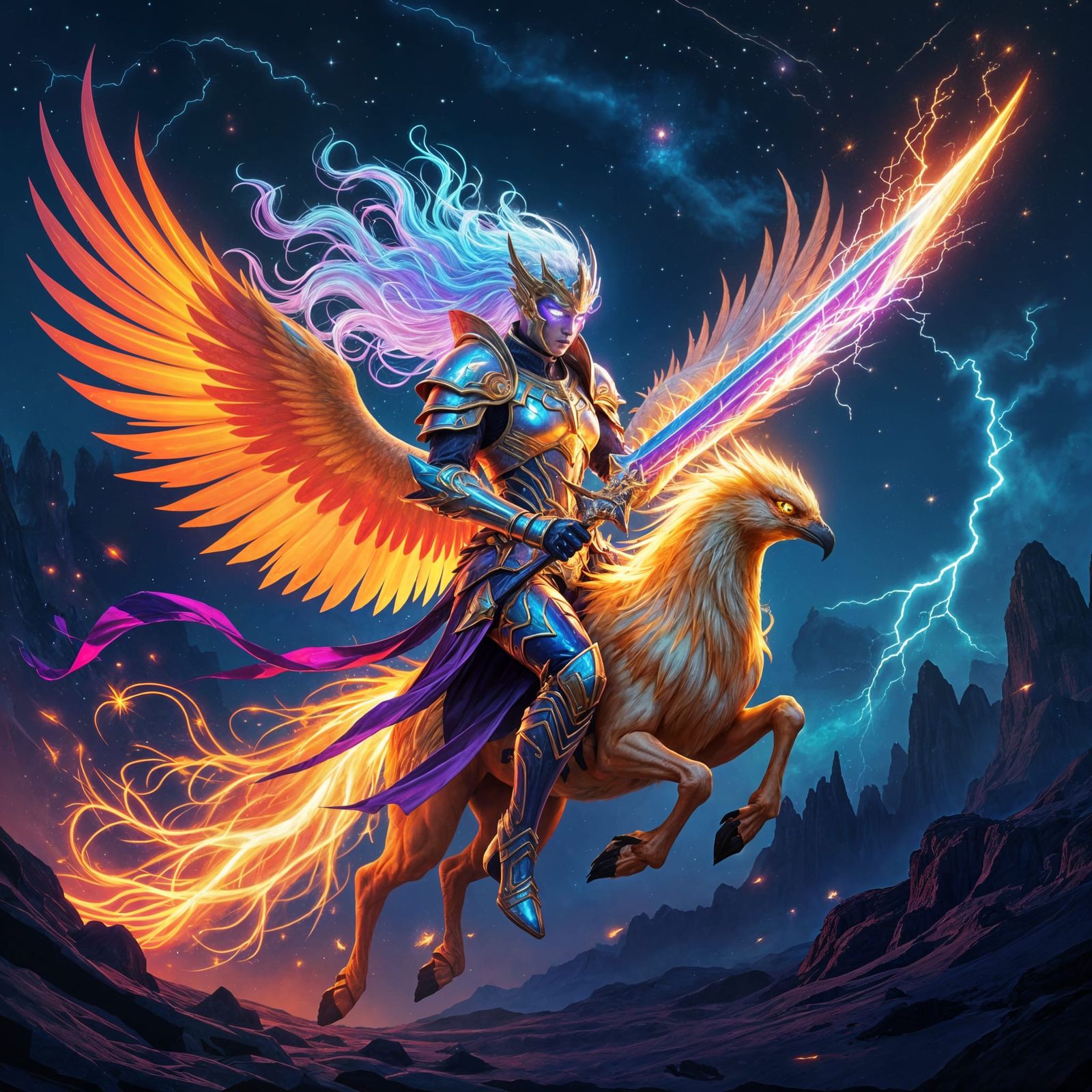 Celestial Warrior on Phoenix in Fractured Psychedelic Multiv...