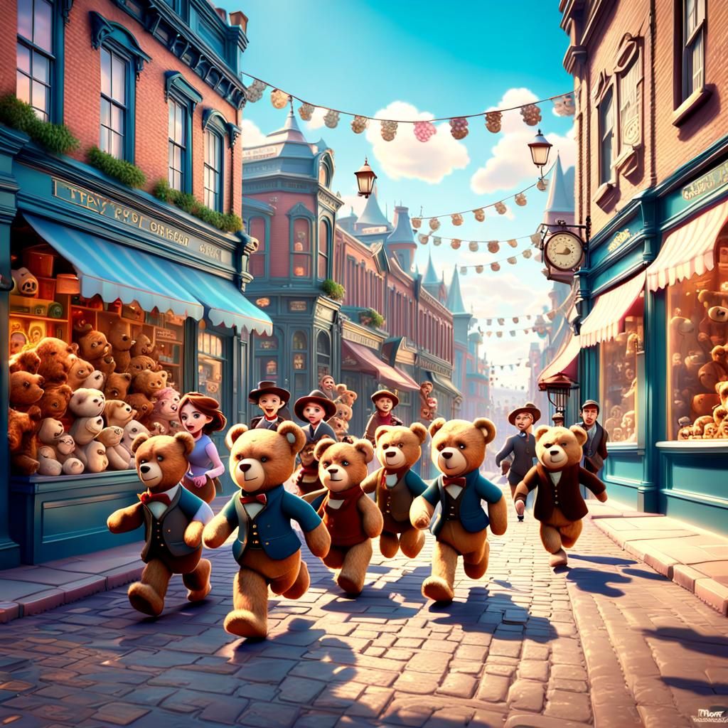 Victorian Street Scene with Children and Teddy Bears