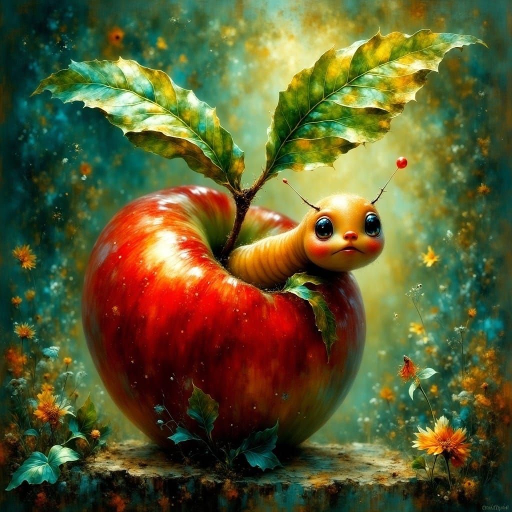Whimsical Worm on Apple in Dreamlike Style