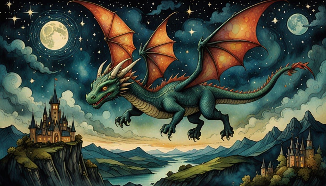Dragon Soaring Through Celestial Stars in Watercolor Style