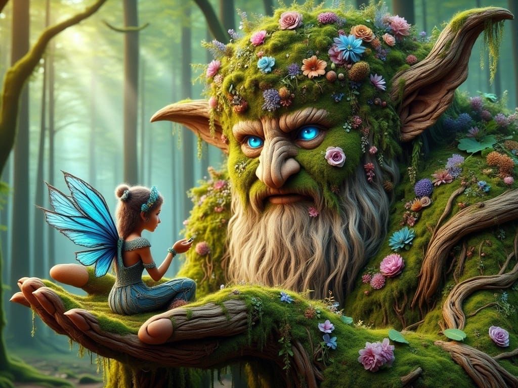 Troll and Fairy in Whimsical Forest Scene