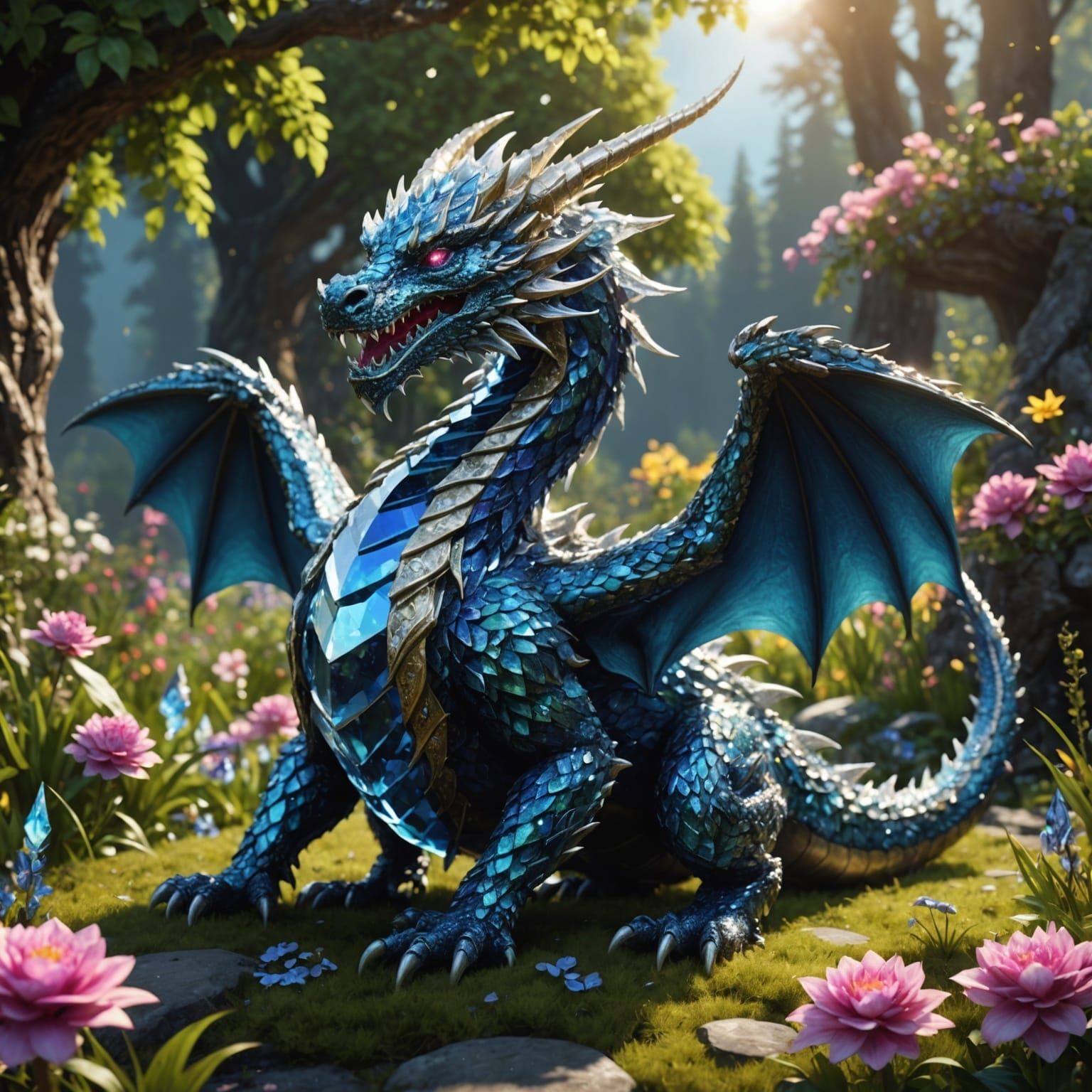 Glistening Crystal Dragon in a Sunlit Meadow