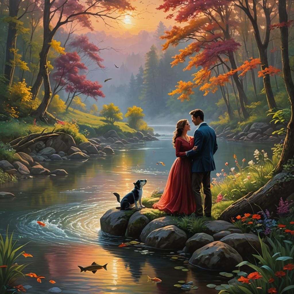 Hyperrealistic River and Fish Love Story at Sunrise