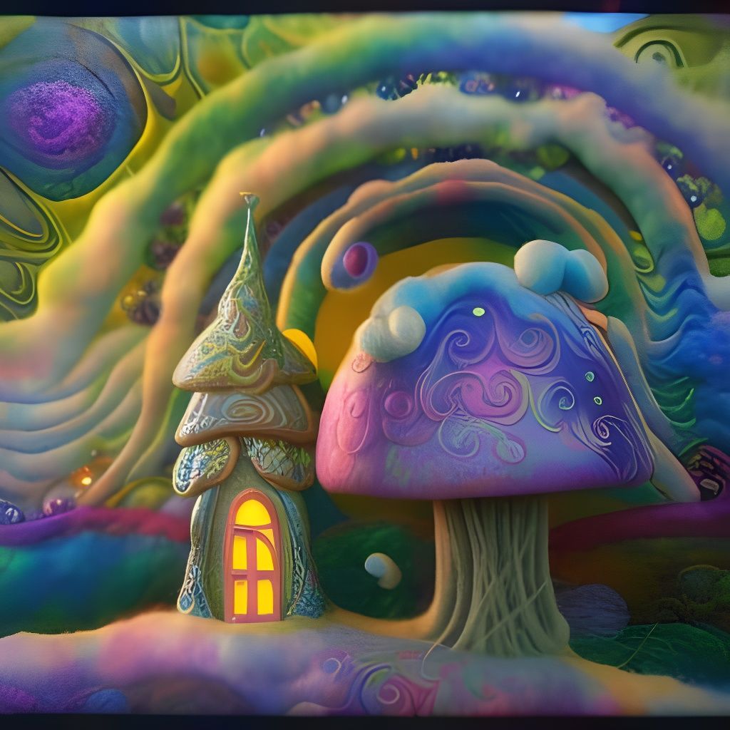 Cosmic Mushroom House with Holographic Clouds