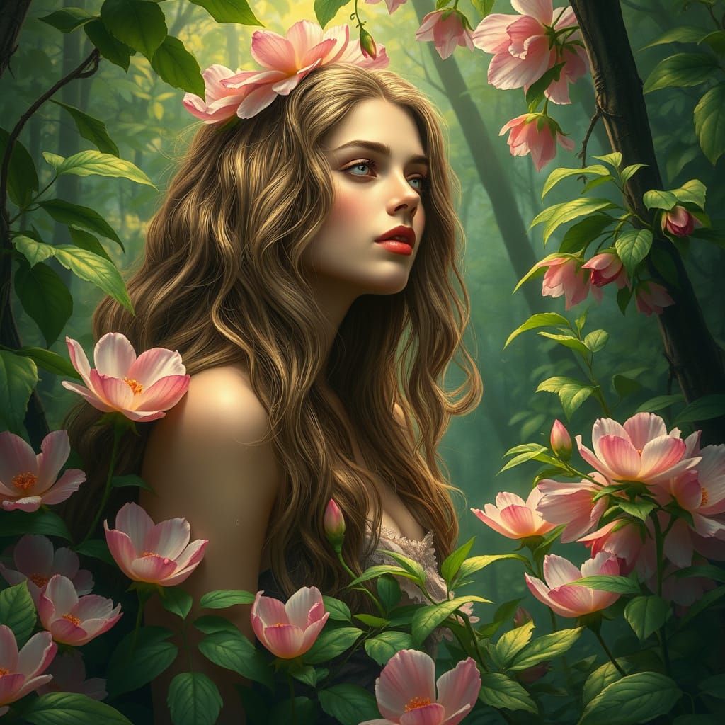 Ethereal Woman in Lush Forest, Art Nouveau Style
