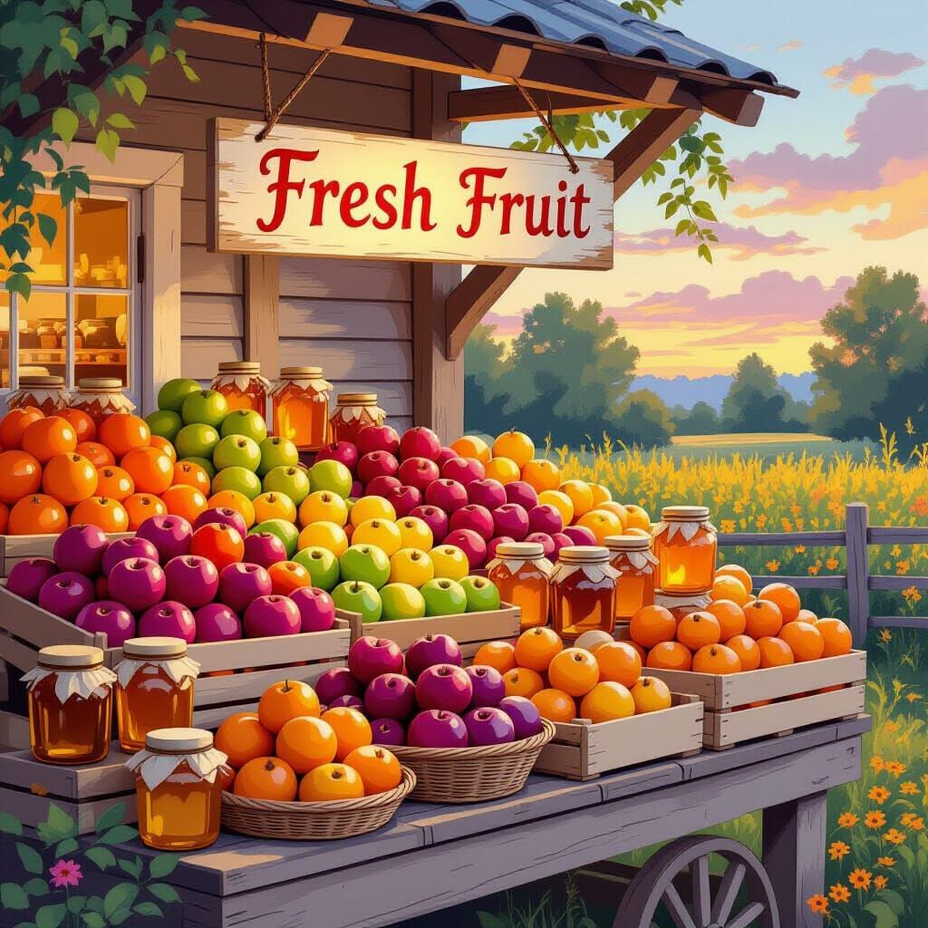Rustic Farmstand Illustration at Sunset