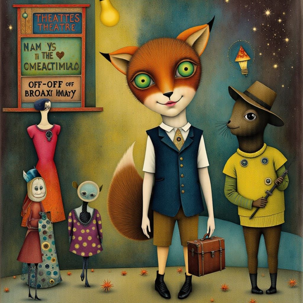 Whimsical Witch Fox Bella in Surreal Mixed Media Art