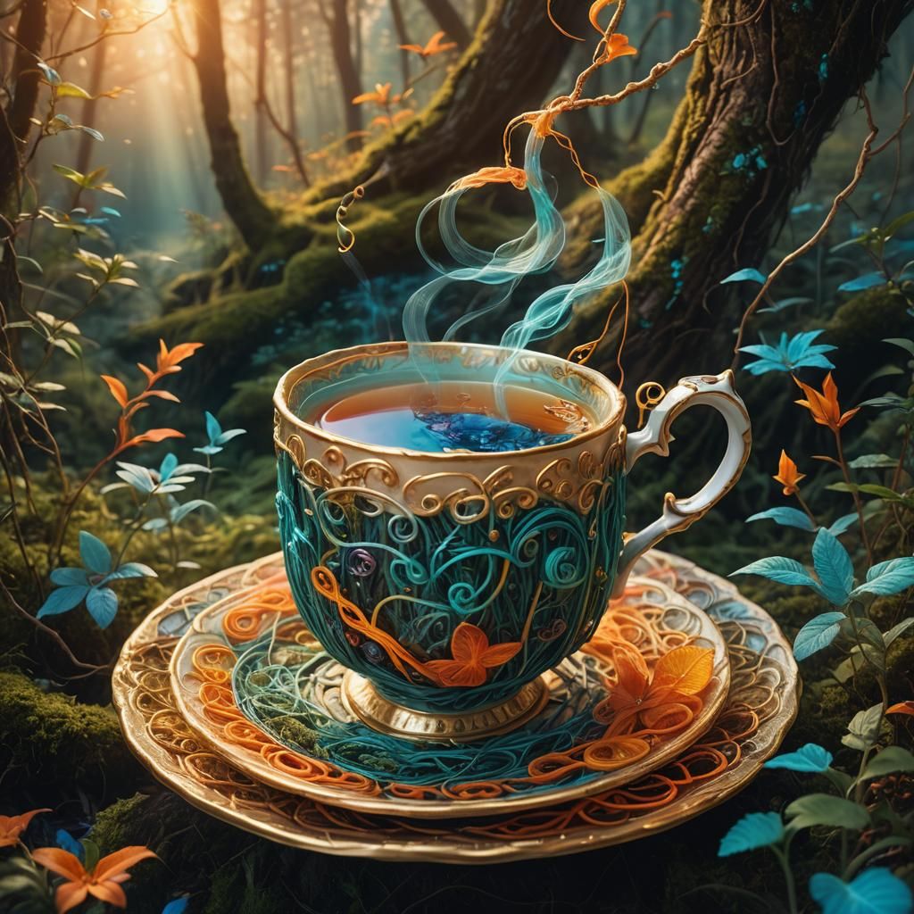 Dreamy Tea Cup with Colorful Thread, Fantasy Art