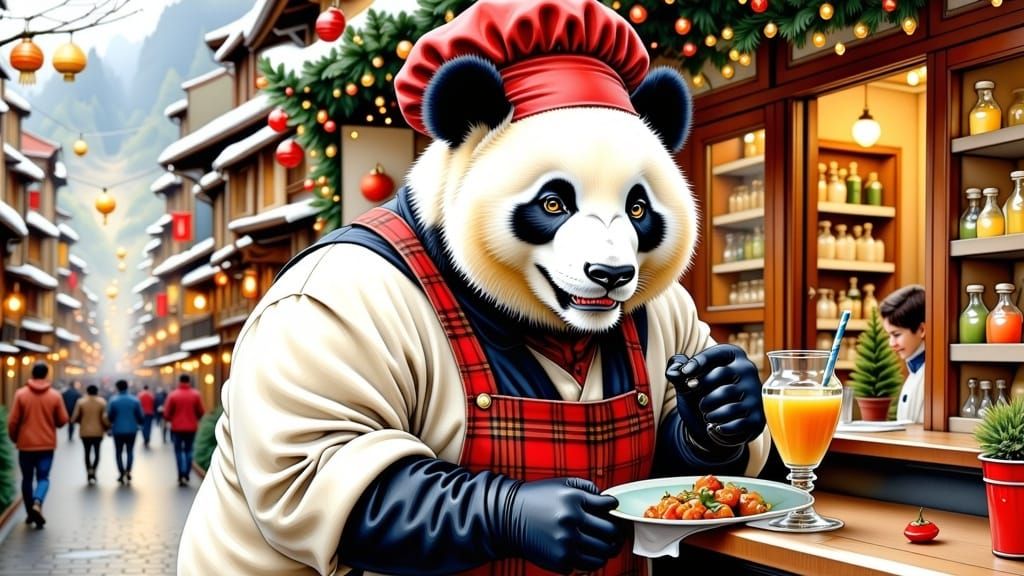Cheeky Panda Chef in Festive Christmas Market Sketch