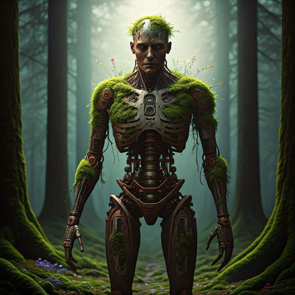 Decaying Android in Overgrown Forest, Renaissance Style