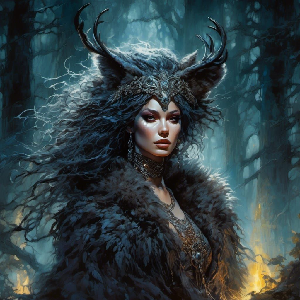Wild Witch Commands Wolf Pack in Moonlit Forest