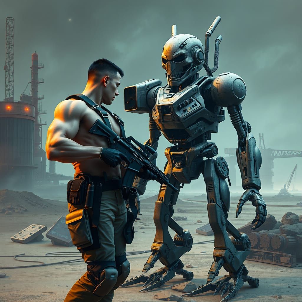 Humanoid Robot Confronts Armed Human in a Futuristic Industr...