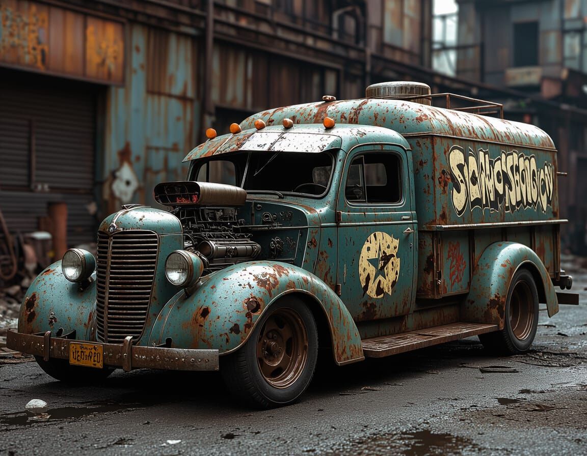 Post apocalyptic rat rod milk truck