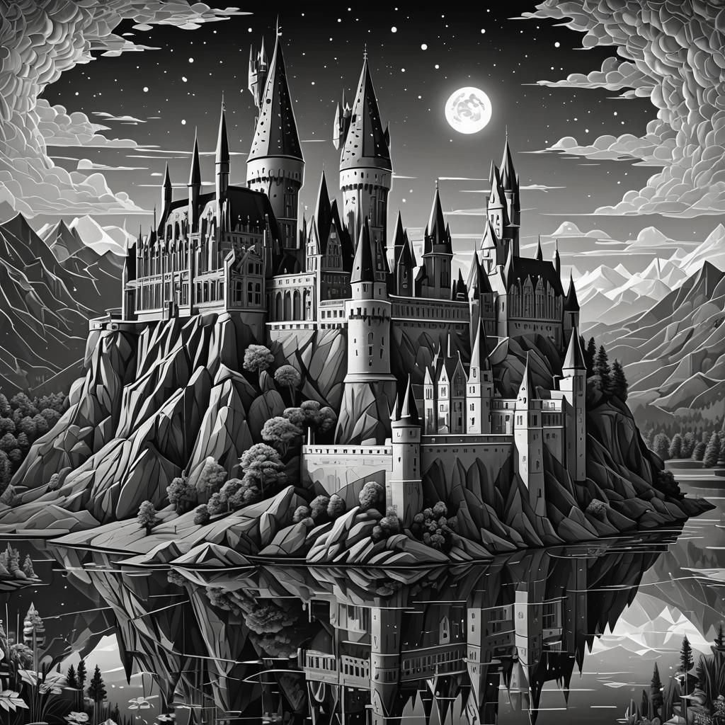 Hogwarts Castle: Low-Poly Line Art in Black and White