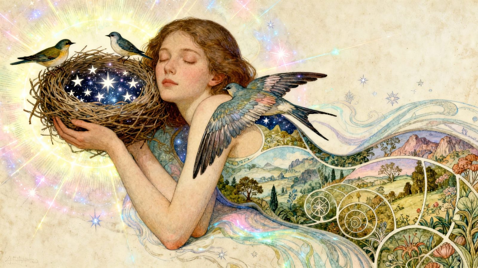 Cosmic Connection: Woman Carrying World of Stars and Birds