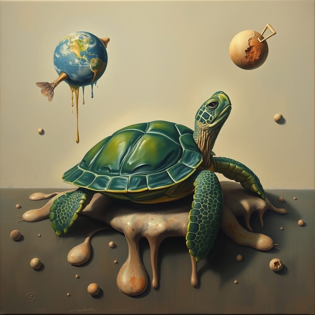 Green Turtle in Surrealist Dreamscape, Oil on Canvas