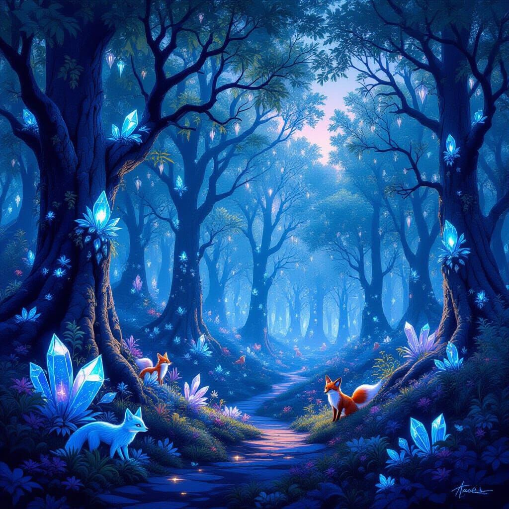 Enchanted Bioluminescent Forest with Fantastical Creatures
