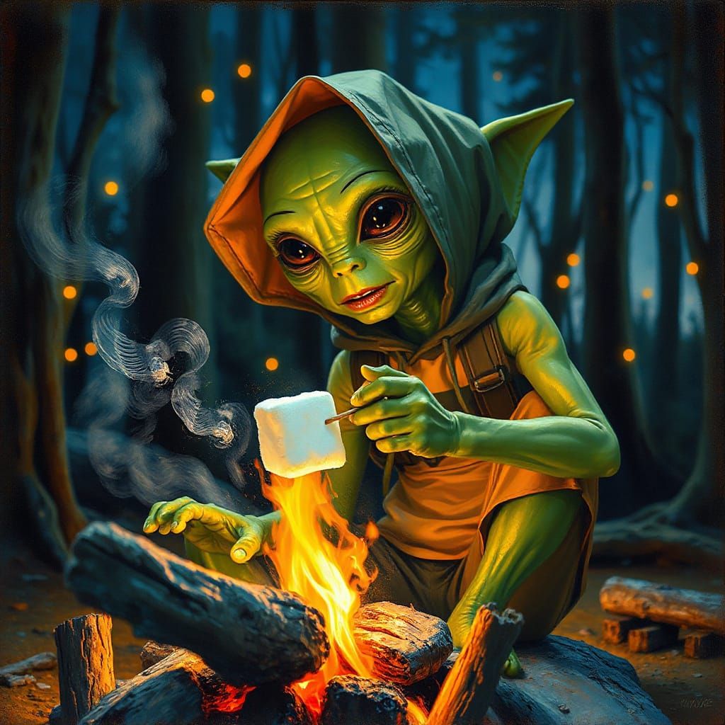 Alien Roasting Marshmallows: James Gurney Style Oil Painting