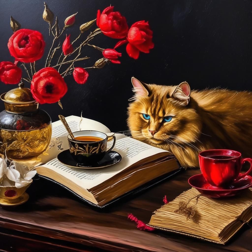 A Morning Cup of Tea, Book, and Cat