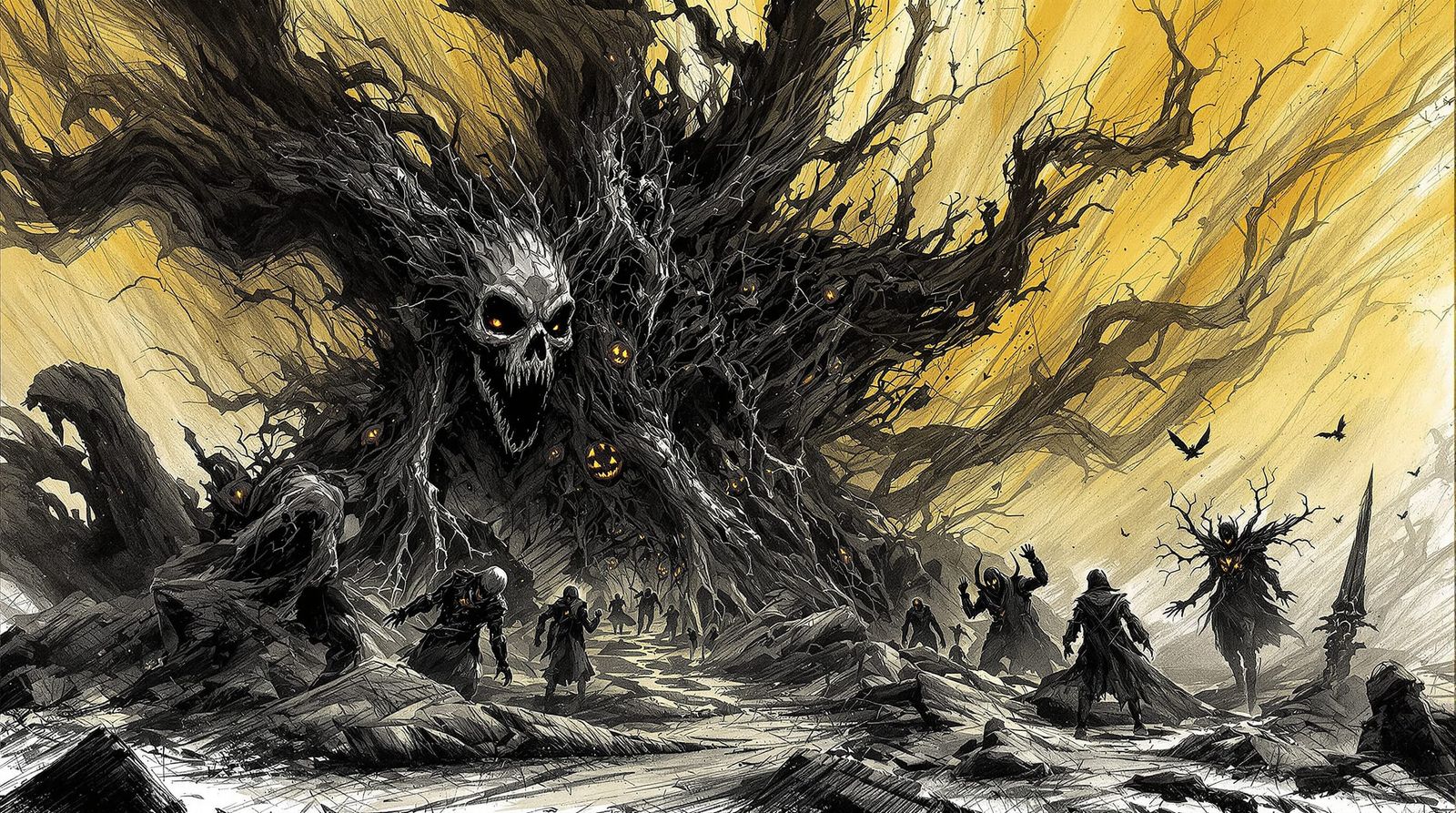 Gothic Halloween Scene in Dark Pencil Style