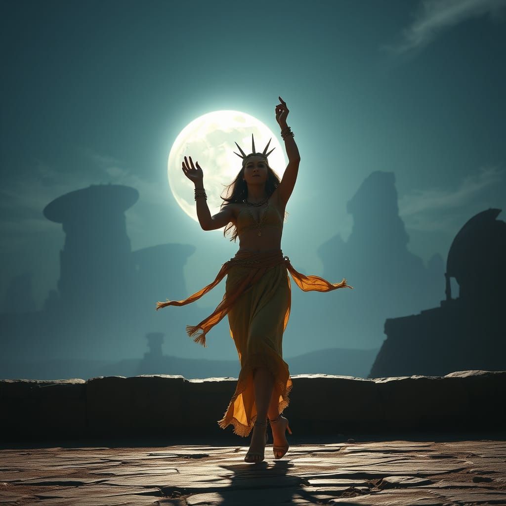 Ancient High Priestess Dances Under Moonlit Sky