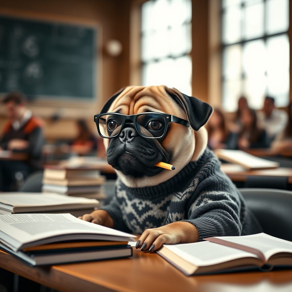 Pug Dog University Student in Profound Concentration