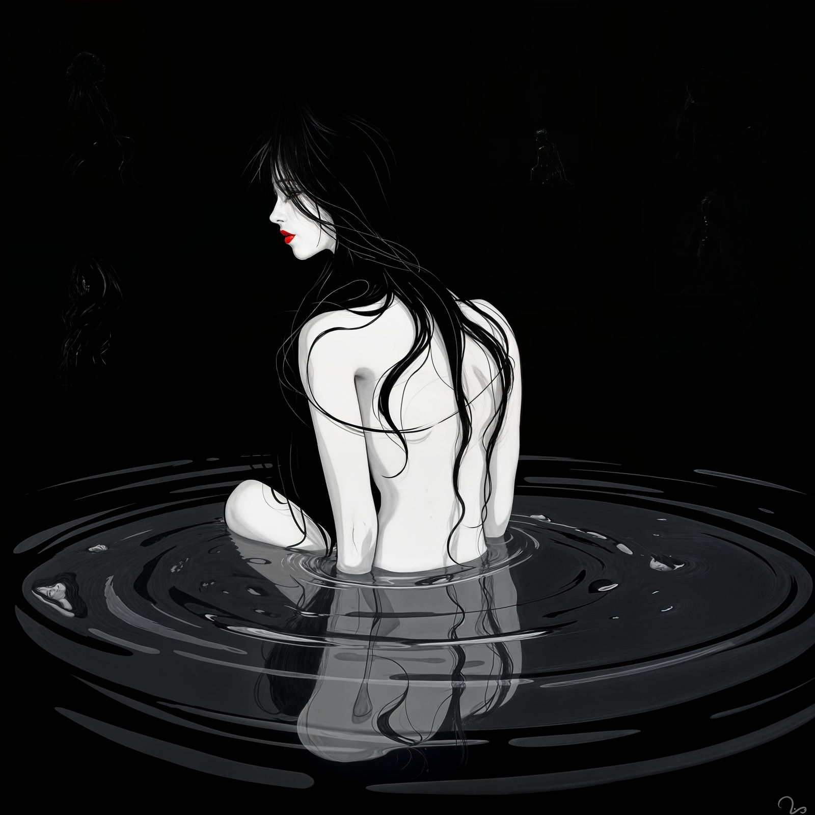 Monochrome Woman in Water Illustration