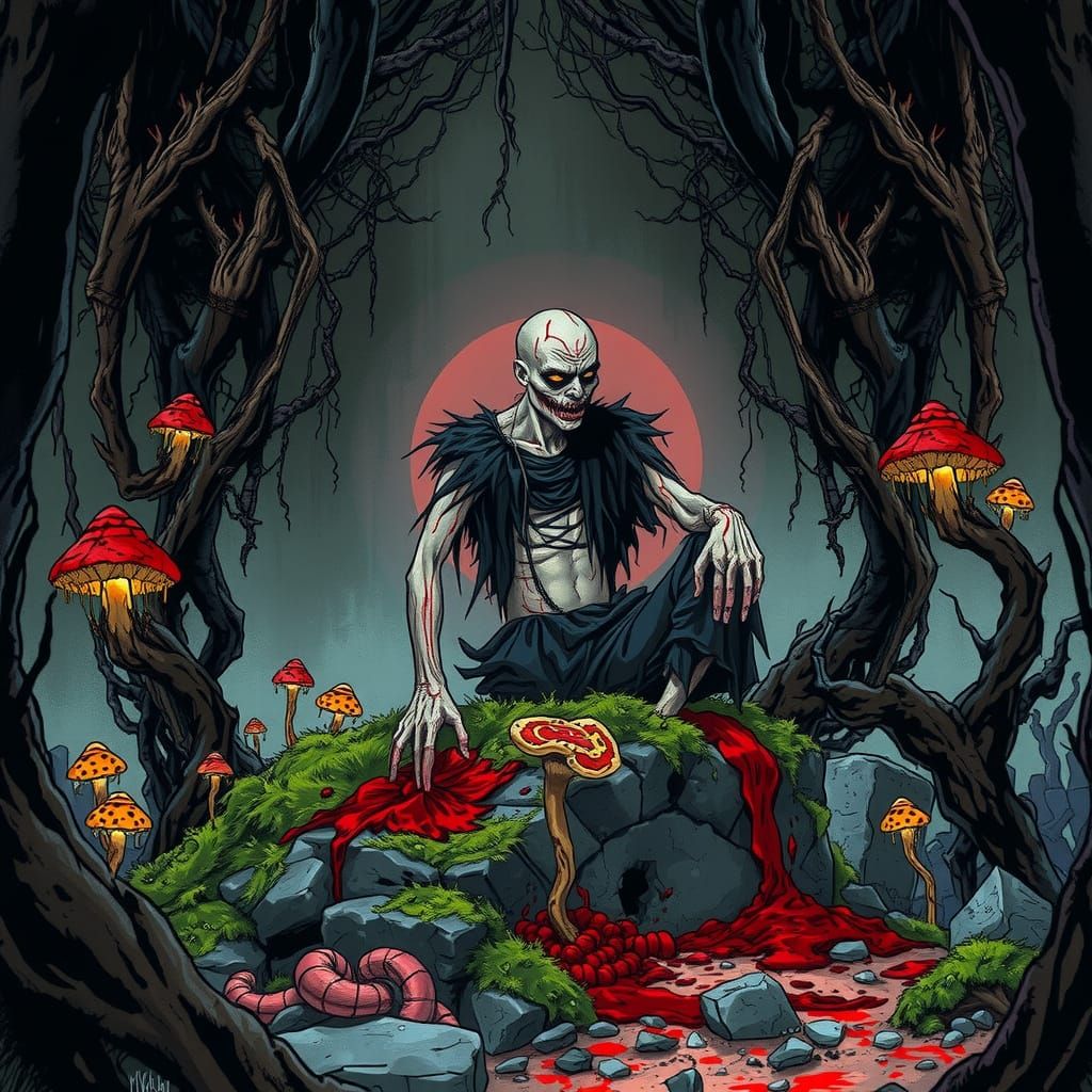 Menacing Zombie on Altar in Death Metal Style