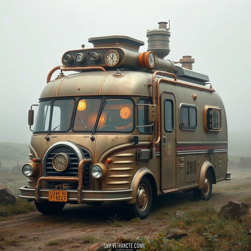 Intricate Steampunk Motorhome in Misty Landscape