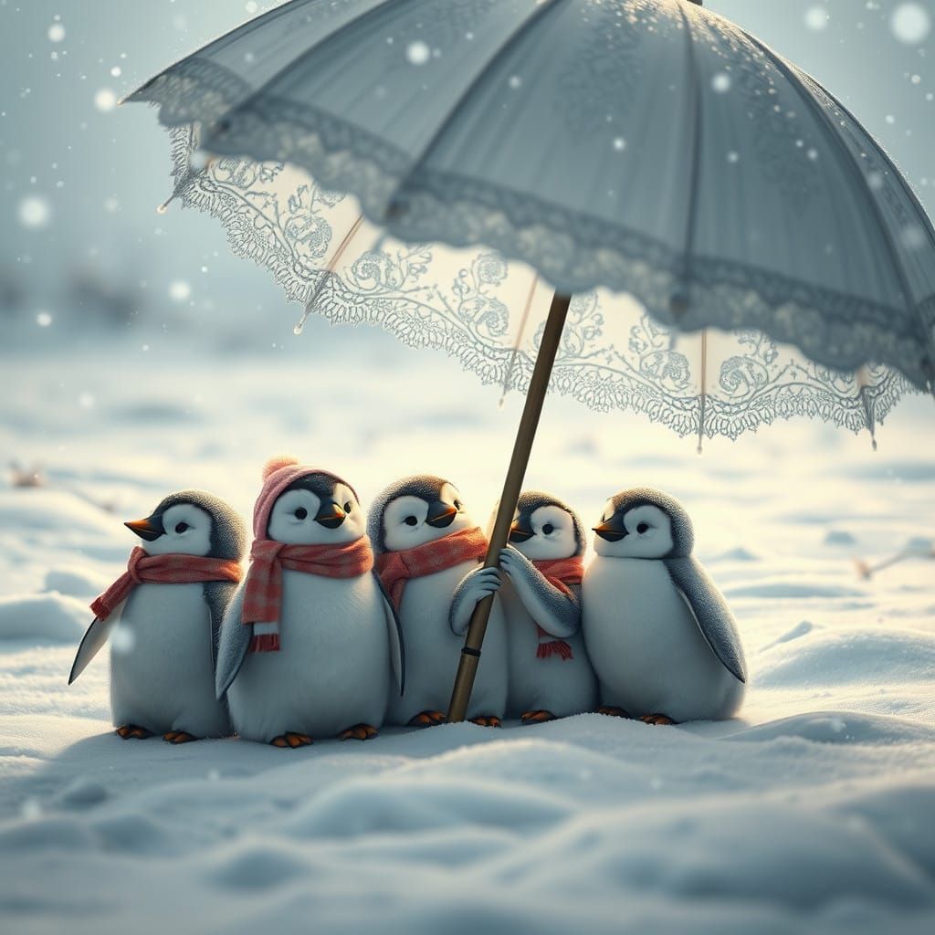 White Penguins Hold Umbrella in Serene Snowy Landscape, Cybe...
