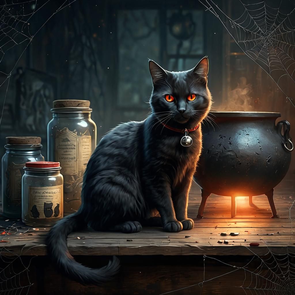 Eerie Black Cat in Dark Fantasy Illustration
