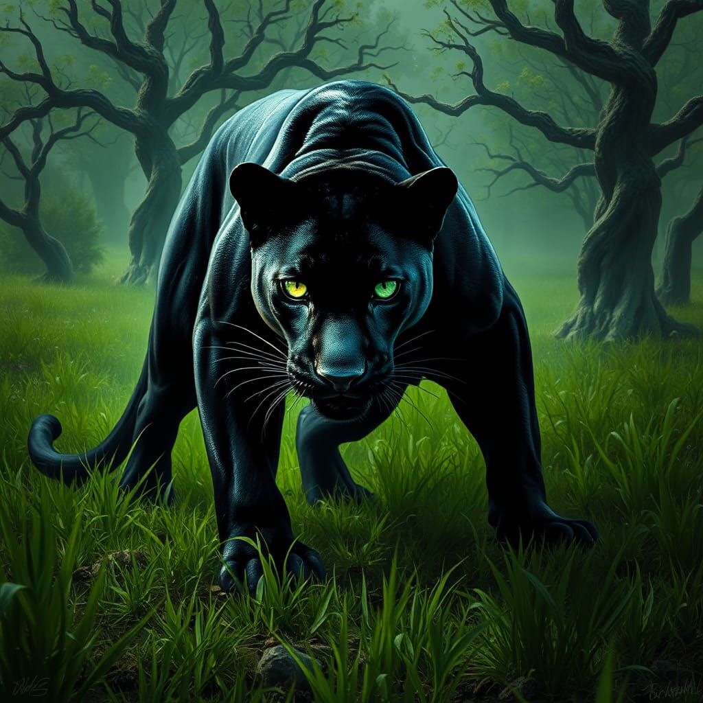 Black Panther in Green Field, Expressive Wildlife Art