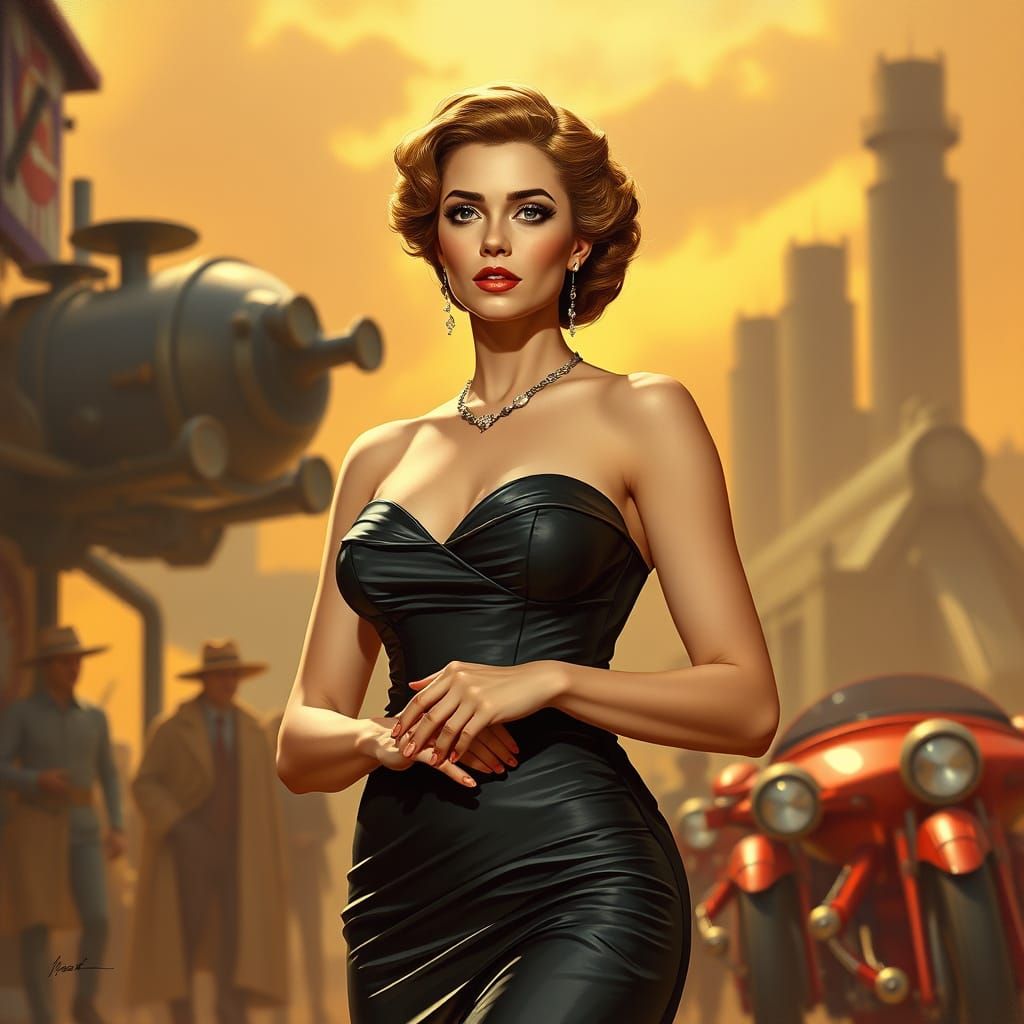 Elegant Woman in Nostalgic Backdrop, Cinematic Realism