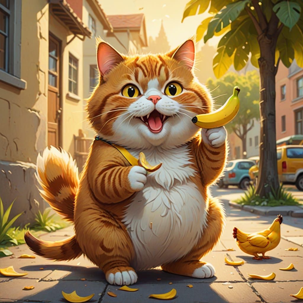 Vibrant Cartoon Cat in a Comedic Banana Snack