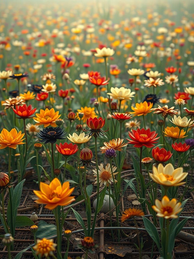 Cybernetic Meadow with Mechanical Flowers in a Futuristic Se...