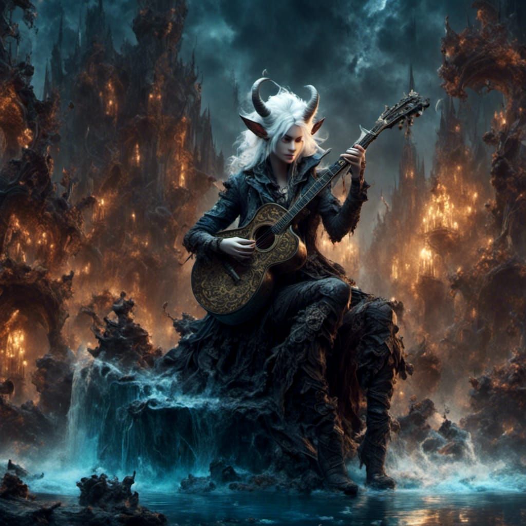 Enchanted Tiefling Bard with Guitar in City